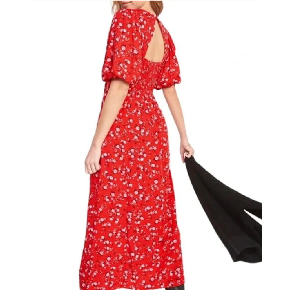 Old Navy Floral Maxi Dress Womens XXL Tall Red Puff Sleeve Open Back Front Slit - Picture 2 of 15